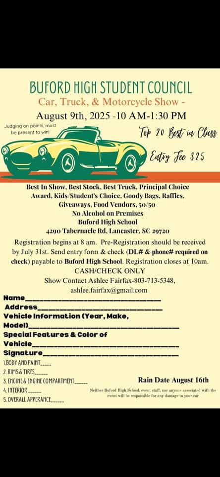 Buford Student Council Car Show event at 4290 Tabernacle Rd in Lancaster, SC on August 9, 2025