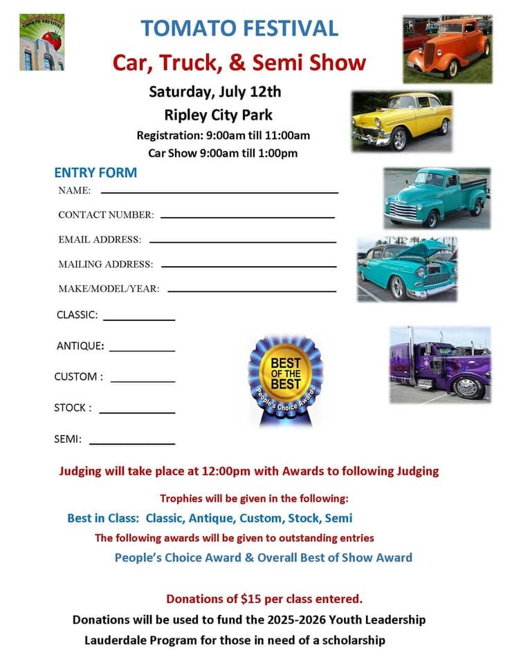 Car, Truck and Semi Show event at 200 Mary Roberts Dr in Ripley, TN on July 12, 2025