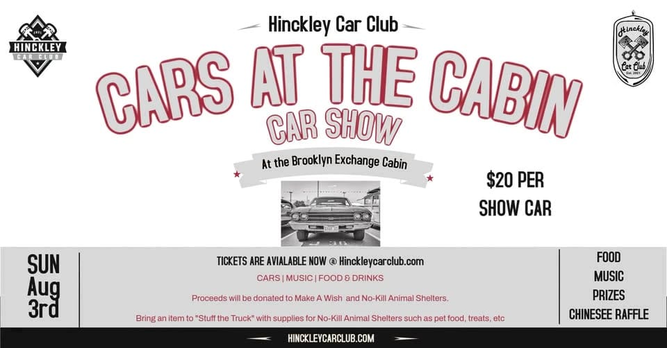 Cars at Cabin Car Show event at 2400 State Road in Hinckley, OH on August 3, 2025
