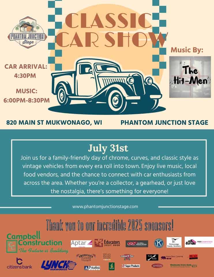 Classic Car Show & The Hitman @PhantomJunctionStage event at 820 Main St in Mukwonago, WI on July 31, 2025