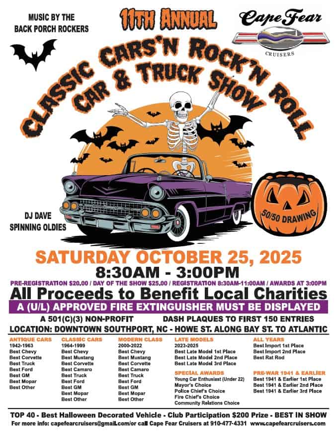 Classic Cars 'n Rock 'n Roll Car Show event at 105 E Bay St in Southport, NC on October 25, 2025