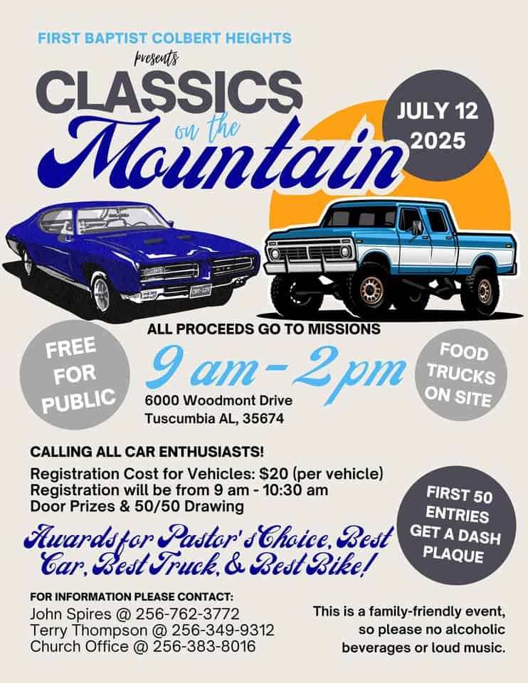 Classics on the Mountain - Car Show Benefitting Missions event at 6000 Woodmont Dr in Tuscumbia, AL on July 12, 2025