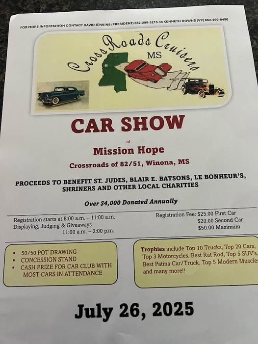Cross Roads Cruisers Car Show event at Mission Hope in Winona, MS on July 26, 2025