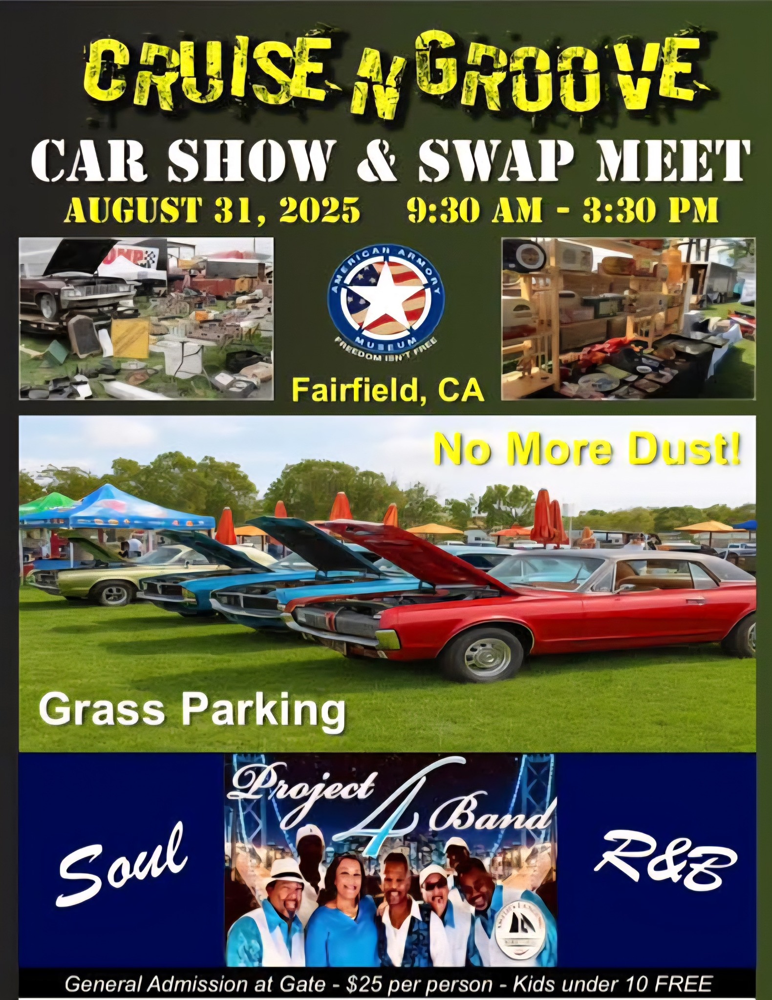 Cruisen Groove Car Show & Swap Meet event at Ricard Arm Freedom Museum in Fairfield, CA on August 31, 2025