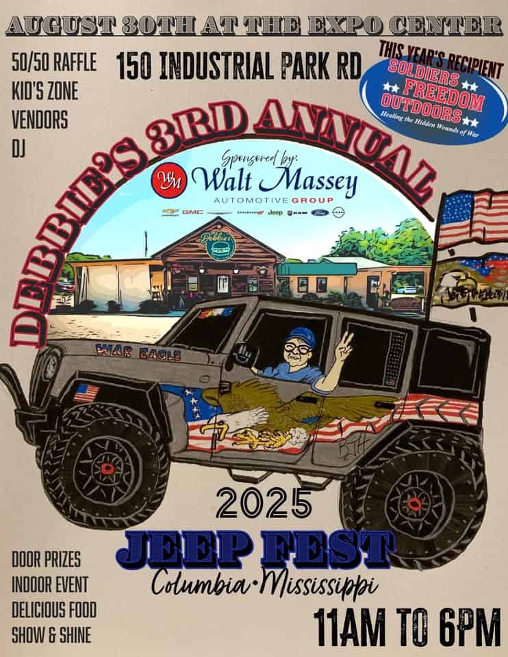 Debbie’s 3rd Annual Jeep Fest event at 150 Industrial Park Rd in Columbia, MS on August 30, 2025