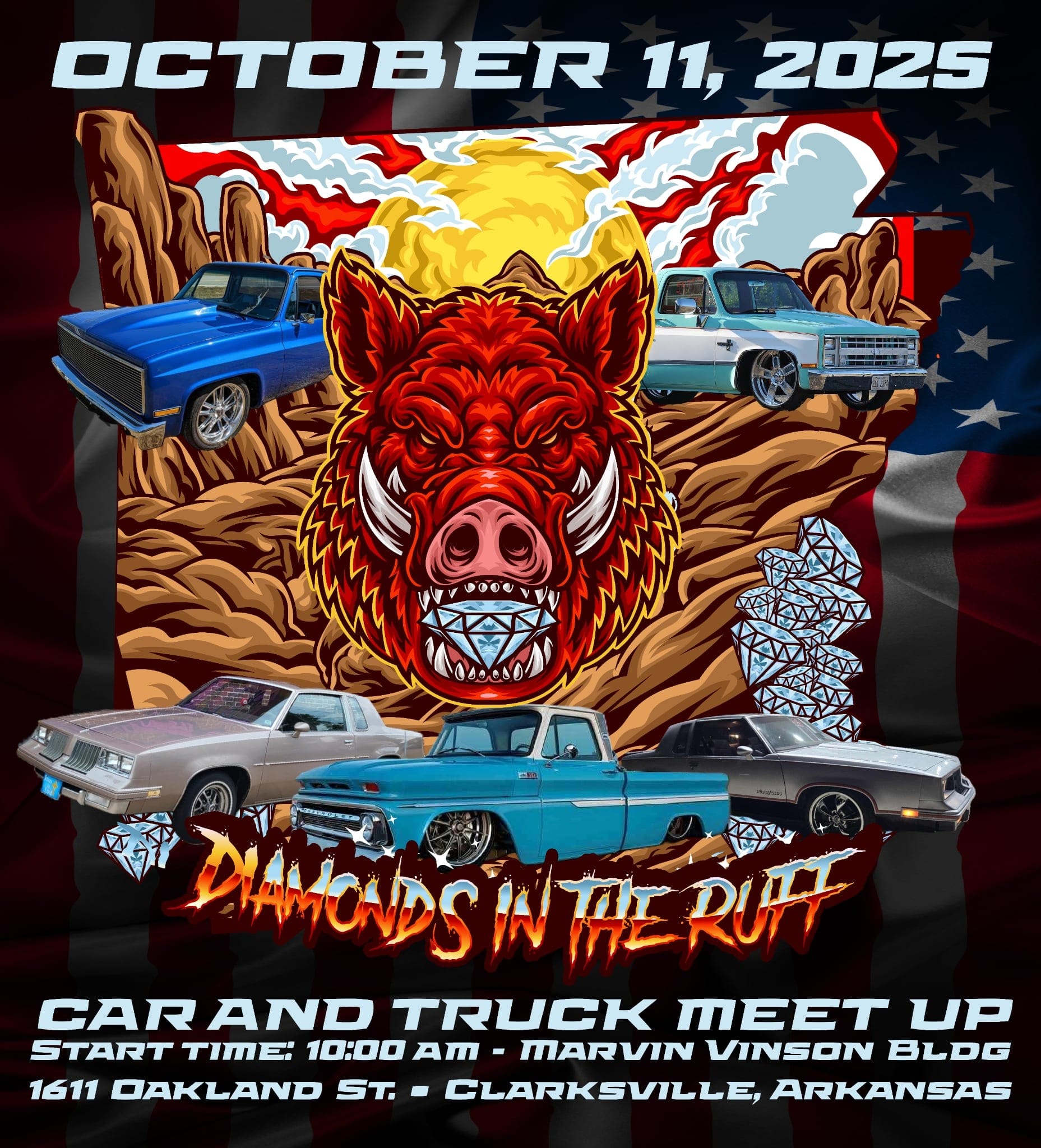 Diamonds in the Ruff Car and Truck Meet Up event at Marvin Vinson Bldg in Clarksville, AR on October 11, 2025
