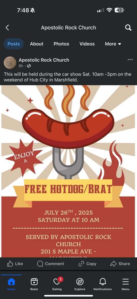 Free brat / hot dogs during the car show served by Apostolic Rock Church event at 201 South Maple Ave. in Marshfield., WI on July 26, 2025