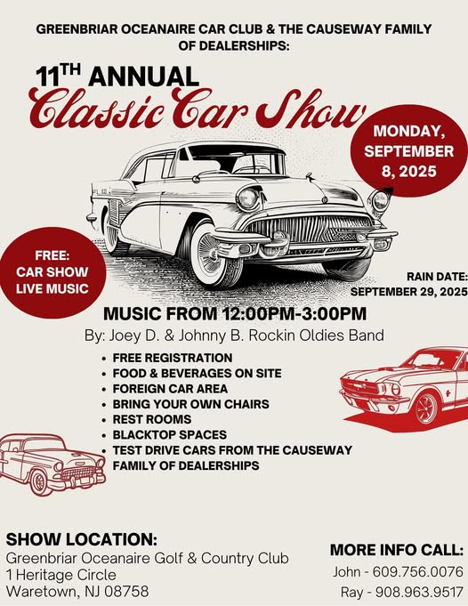 Greenbriar Oceanaire Car Club & The Causeway Family of Dealerships: 11th Annual Classic Car Show event at Greenbriar Oceanaire Golf & Country Club in Waretown, NJ on September 8, 2025