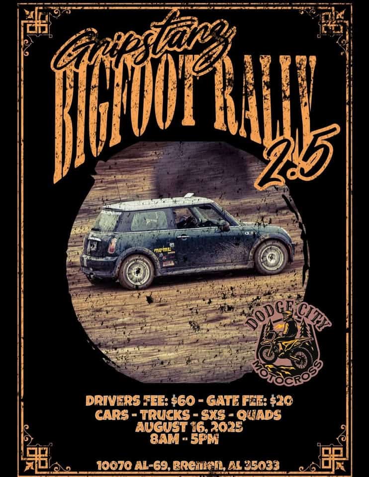 Gripstarz Bigfoot RallyX 2.5 event at 10070 Al Hwy 69 S in Bremen, AL on August 16, 2025