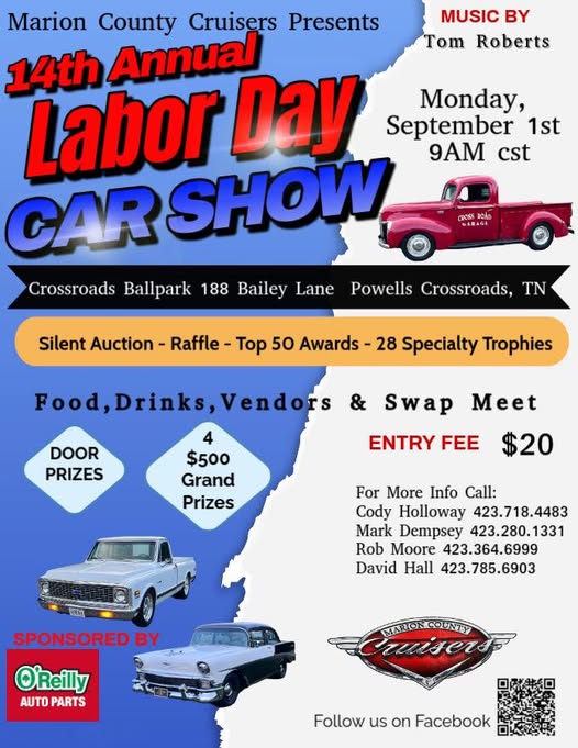 Marion County Cruisers 14th Annual Labor Day Car Show event at Crossroads Ballpark in Powells Crossroads, TN on September 1, 2025