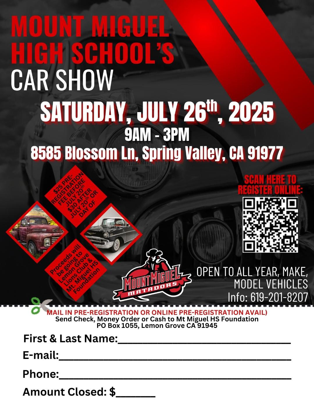 Mount Miguel High School's Car Show event at Mount Miguel High School in Spring Valley, CA on July 26, 2025