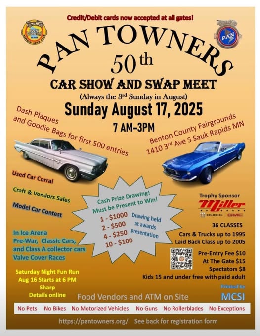 PAN Towners 50th Car Show and Swap Meet event at Benton County Fairgrounds in Sauk Rapids, MN on August 17, 2025