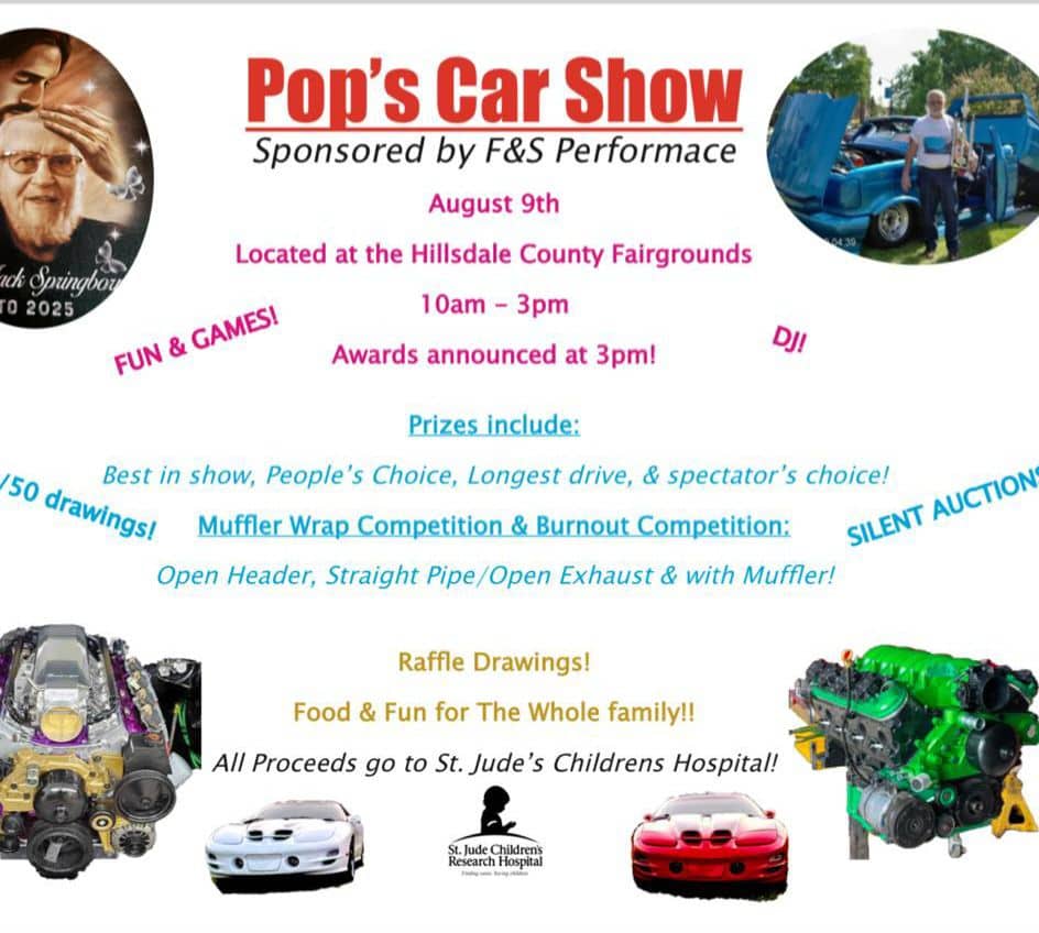 Pop's Car Show event at 115 S Broad St in Hillsdale, MI on August 9, 2025