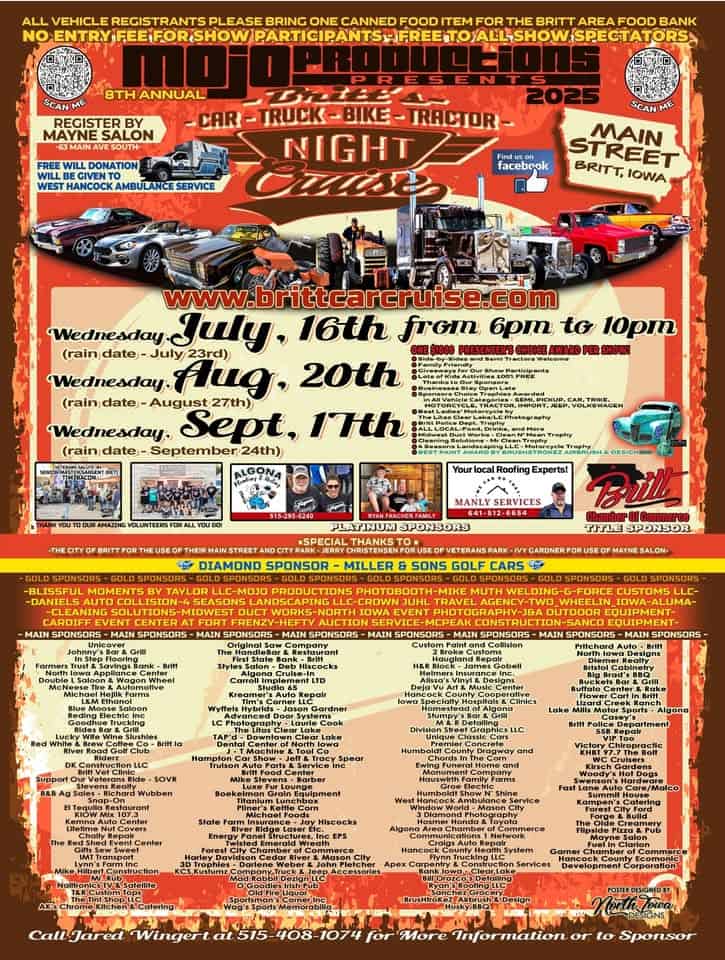 September 2025 Cruise-In! event at 63 Main Ave  in Britt, IA on September 17, 2025