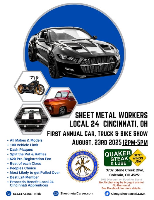 Sheet Metal Workers Local 24 Cincinnati First Annual Car, Truck & Bike Show event at Quaker Steak Wings & Lube in Colerain, OH on August 23, 2025