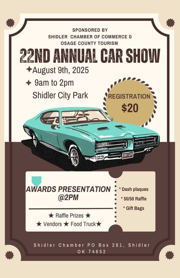 Shidler Chamber of Commerce 22nd Annual Car Show event at 247 Harden St in Shidler, OK on August 9, 2025