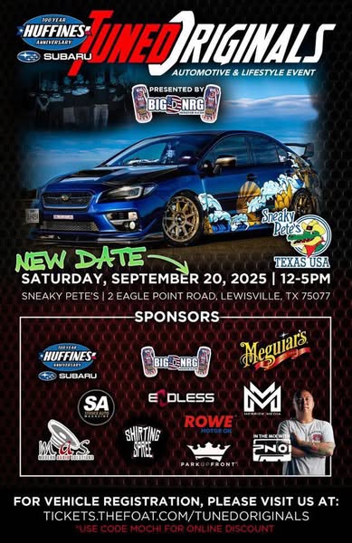 100 Year Huffines Anniversary Subaru Tune Originals Automotive & Lifestyle Event event at Sneaky Pete's in Lewisville, TX on September 20, 2025