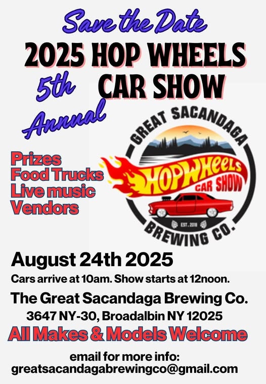2025 Hop Wheels 5th Annual Car Show event at The Great Sacandaga Brewing Co. in Broadalbin, NY on August 24, 2025