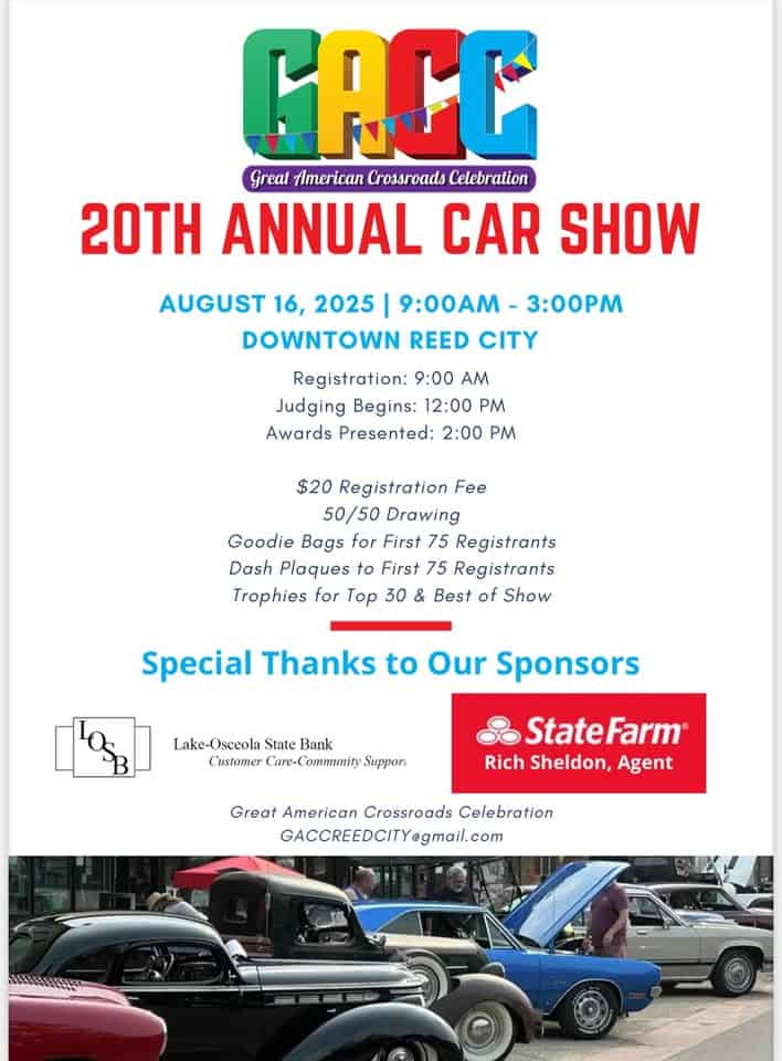 20th Annual Crossroads Celebration Car Show event at 123 W Upton Ave in Reed City, MI on August 16, 2025