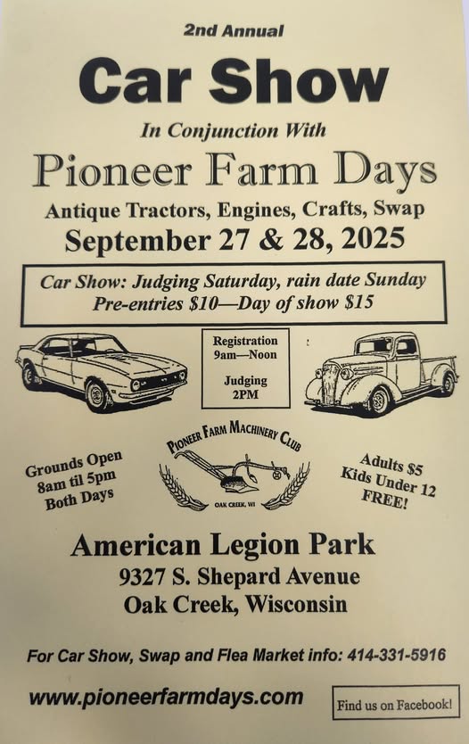 2nd Annual Car Show event at American Legion Park in Oak Creek, WI on September 27, 2025