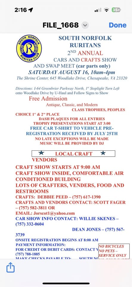 2ND Annual Ruritans Car and Craft Show event at 645 Woodlake Dr in Chesapeake, VA on August 16, 2025