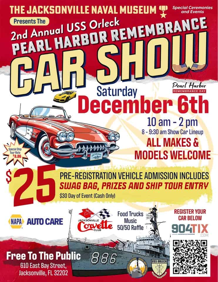 2nd Annual USS Orleck Pearl Harbor Remembrance Car Show event at 610 E Bay St in Jacksonville, FL on December 6, 2025