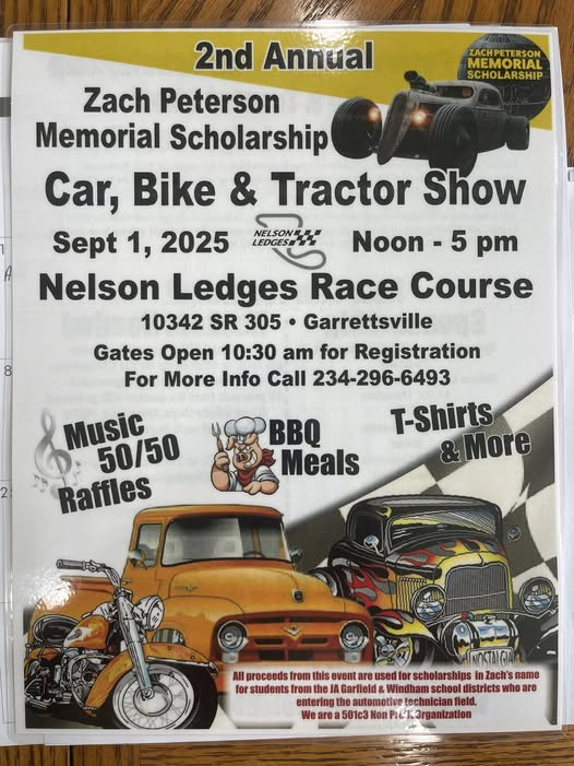 2nd Annual Zach Peterson Memorial Scholarship Car, Bike & Tractor Show event at Nelson Ledges Race Course in Garrettsville, OH on September 1, 2025