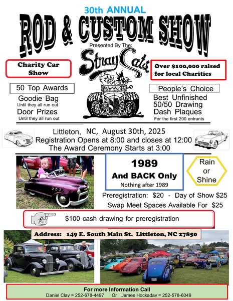 30th Annual Rod & Custom Show event at 149 E. South Main St. in Littleton, NC on August 30, 2025