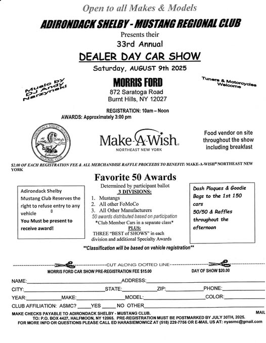 33rd Annual Dealer Day Car Show event at Morris Ford in Burnt Hills, NY on August 9, 2025