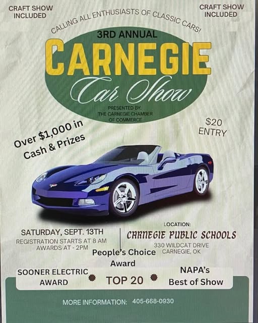3rd Annual Carnegie Car Show event at Carnegie Public Schools in Carnegie, OK on September 13, 2025