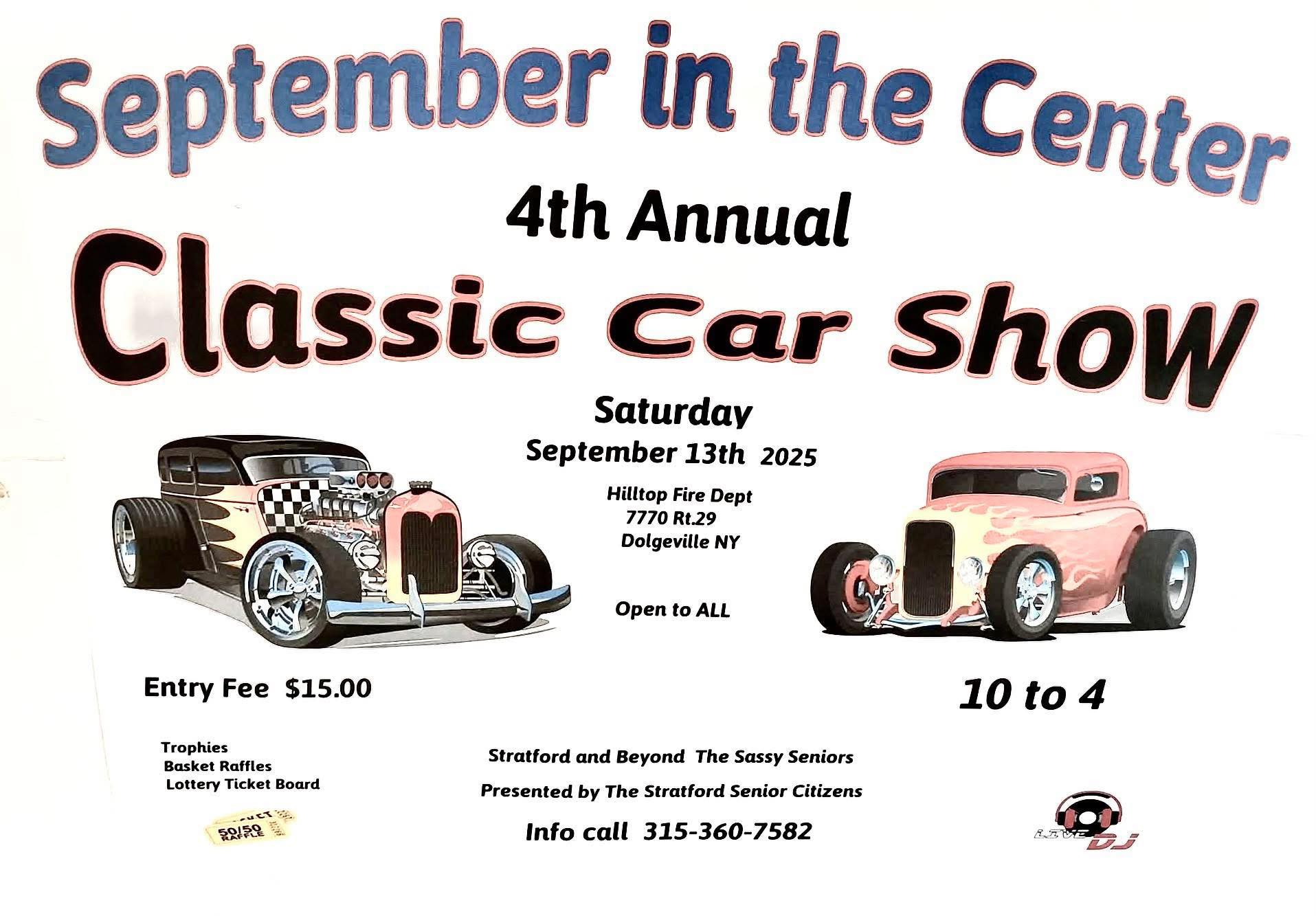 4th Annual Classic Car Show event at Hilltop Fire Dept in Dolgeville, NY on September 13, 2025