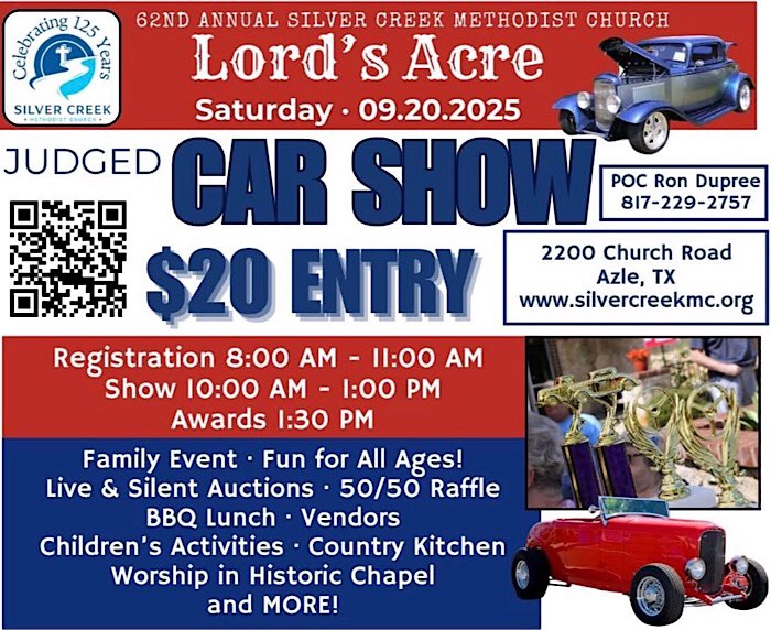 62nd Annual Silver Creek Methodist Church Judged Lord's Acre Car Show event at Silver Creek Methodist Church in Azle, TX on September 20, 2025