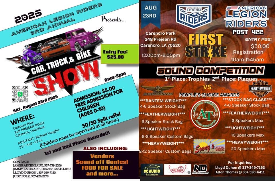 American Legion Riders Car, Truck, and Bike Show / Sound Competition - repost event at 4003 N University Ave in Carencro, LA on August 23, 2025