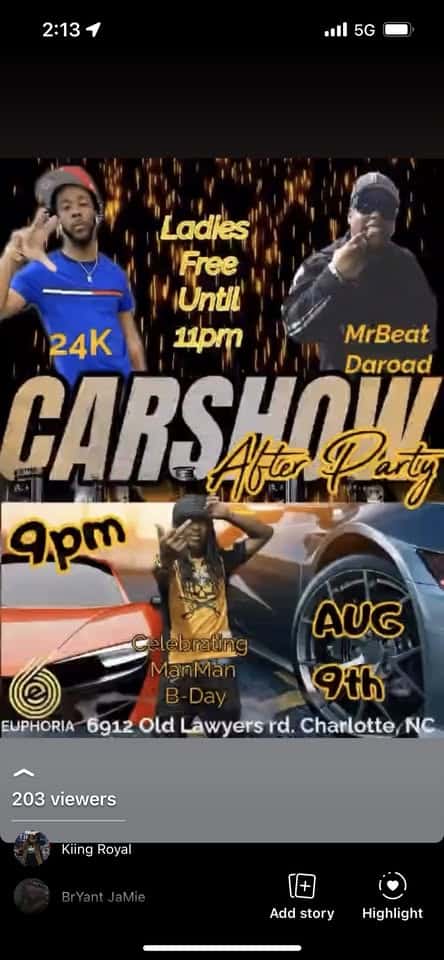 CAR SHOW AFTERPARTY event at 6912 Old Lawyers Road in Charlotte, NC on August 9, 2025