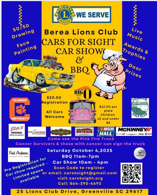 Cars For Sight Car Shows & BBQ event at Lions Club in Greenville, SC on October 4, 2025