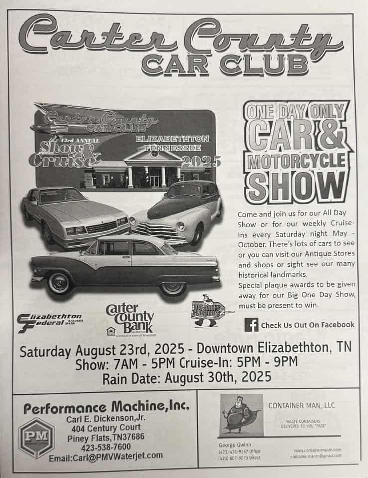 Carter County Car Club All Day Car Show event at 1624 W Elk Ave in Elizabethton, TN on August 23, 2025