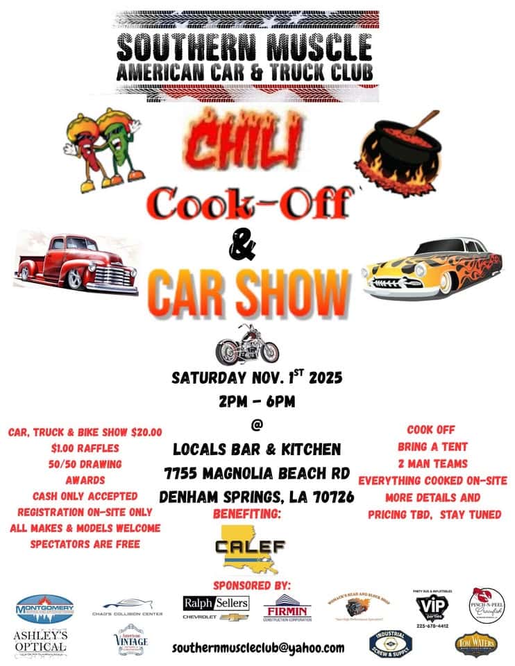 Chili Cookoff and Car Show - repost event at 7755 Magnolia Beach Rd. in Denham Springs, LA on November 1, 2025