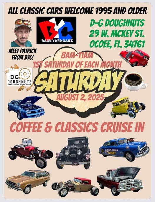 Coffee & Classics Cruise-In event at D-G Doughnuts in Ocoee, FL on August 2, 2025