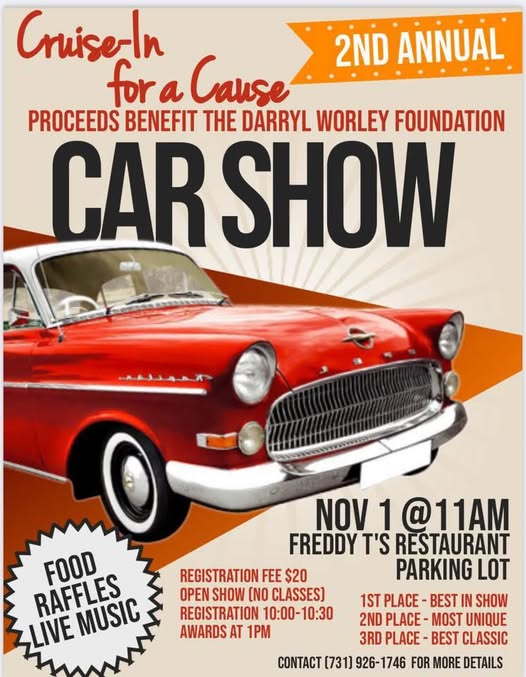 Cruise-In for a Cause 2nd Annual Car Show event at Freddy T's Restaurant in Counce, TN on November 1, 2025