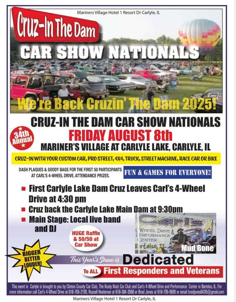 Cruzin the Dam Car Show event at 1 Resort Dr in Carlyle, IL on August 8, 2025