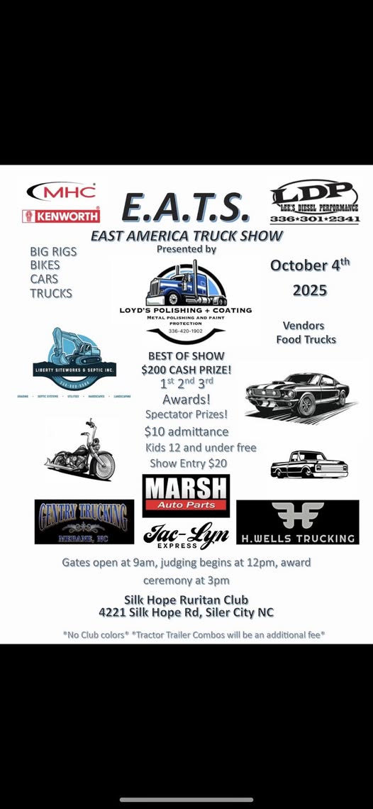 East America Truck Show event at Silk Hope Ruritan Club in Siler City, NC on October 4, 2025