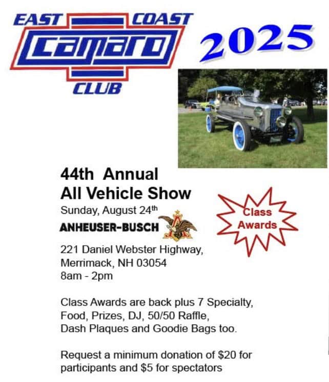 East Coast Camaro Club - 44th Annual Car Show event at 221 Daniel Webster Hwy in Merrimack, NH on August 24, 2025