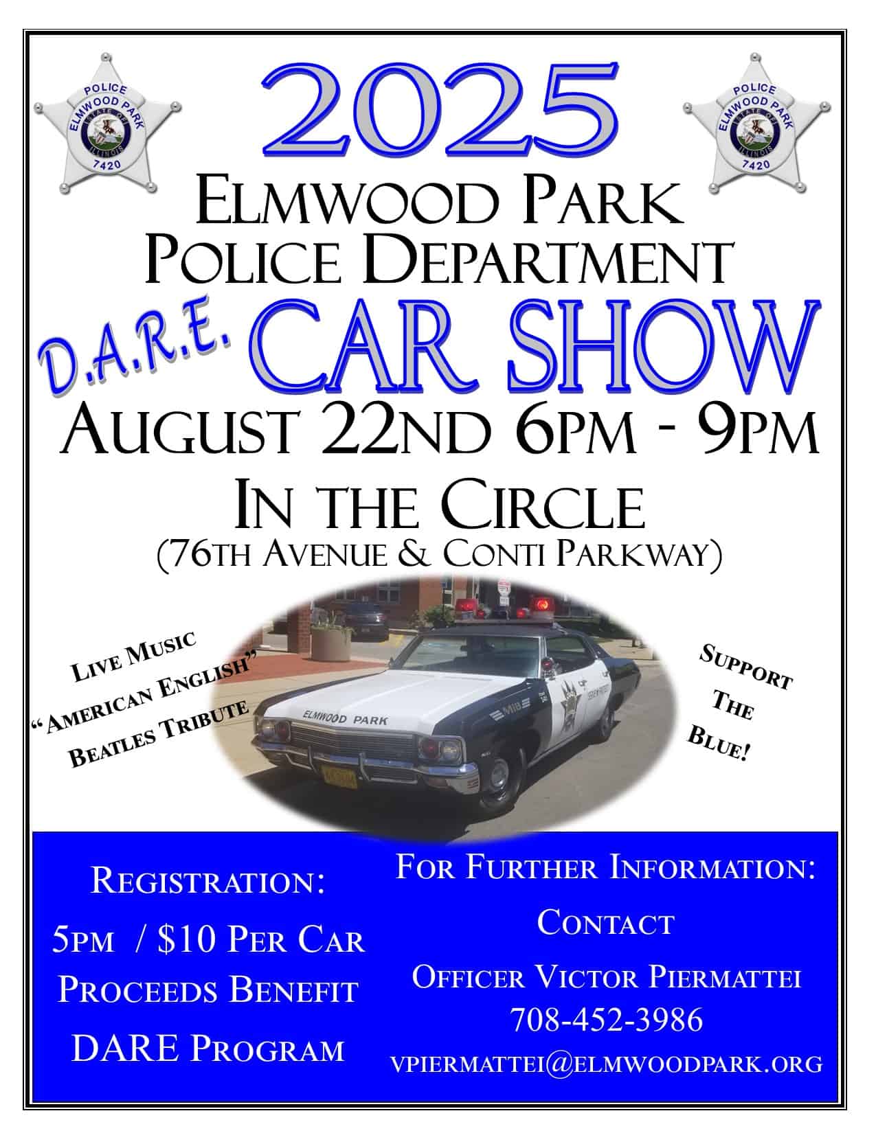 Elmwood Park Police Department D.A.R.E. Car Show event at The Circle, Conti Parkway in Elmwood Park, IL on August 22, 2025