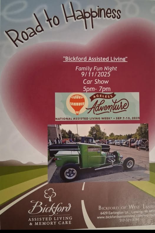 Family Fun Night Car Show event at Bickford of West Lansing in Lansing, MI on September 11, 2025