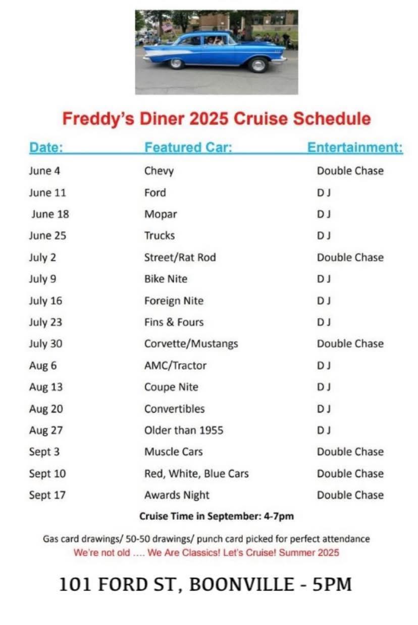 Freddy's Diner 2025 Cruise Schedule event at Freddy's Diner in Boonville, MO on June 4, 2025
