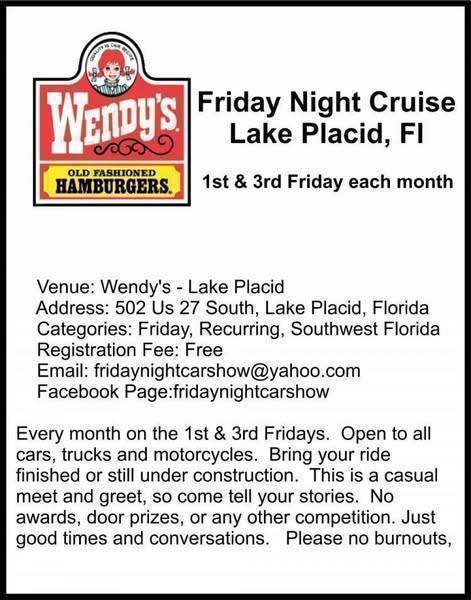Friday Night Cruise event at Wendy's - Lake Placid in Lake Placid, FL on August 8, 2025