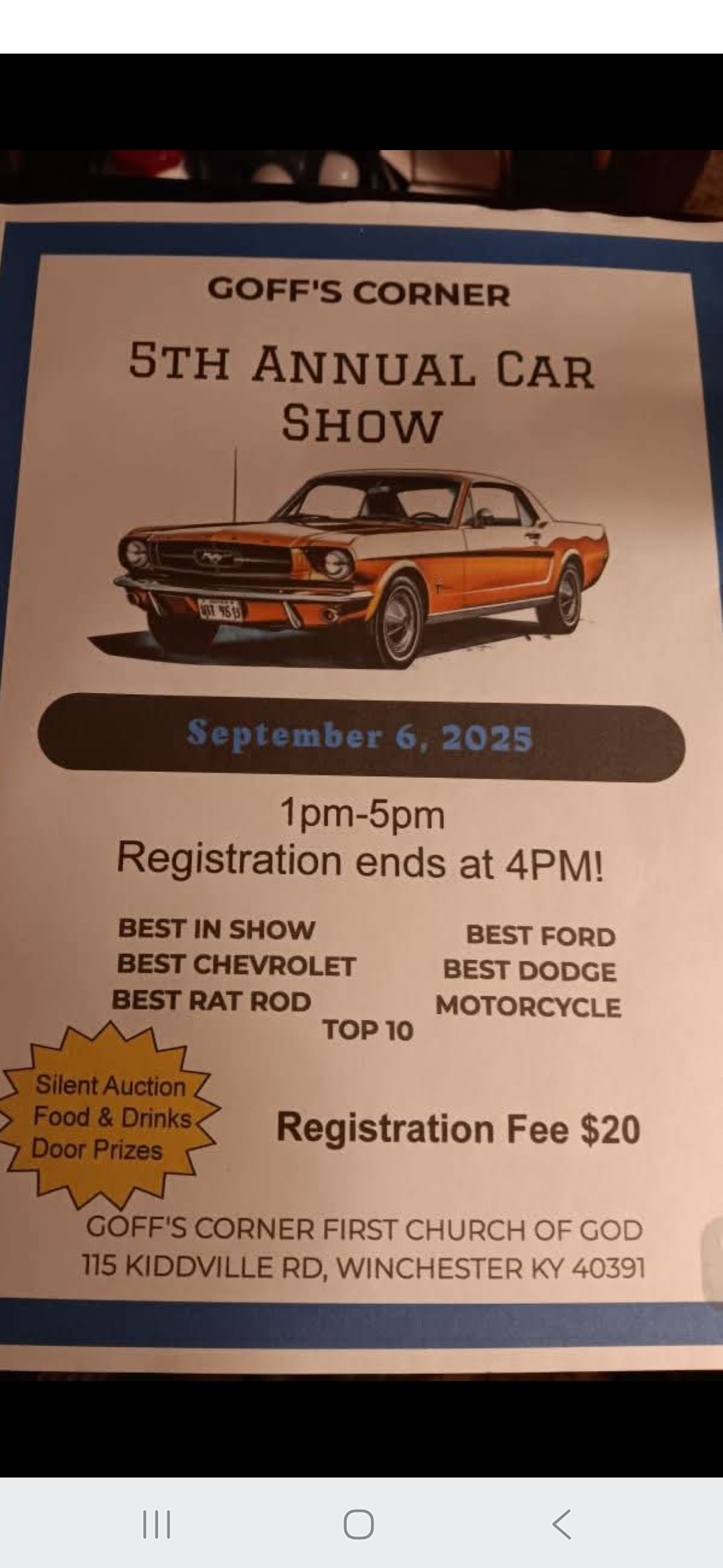 Goff's Corner 5th Annual Car Show event at Goff's Corner First Church of God in Winchester, KY on September 6, 2025