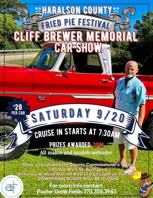 Haralson County Fried Pie Festival Cliff Brewer Memorial Car Show event at County Commissioner's Office in Buchanan, GA on September 20, 2025