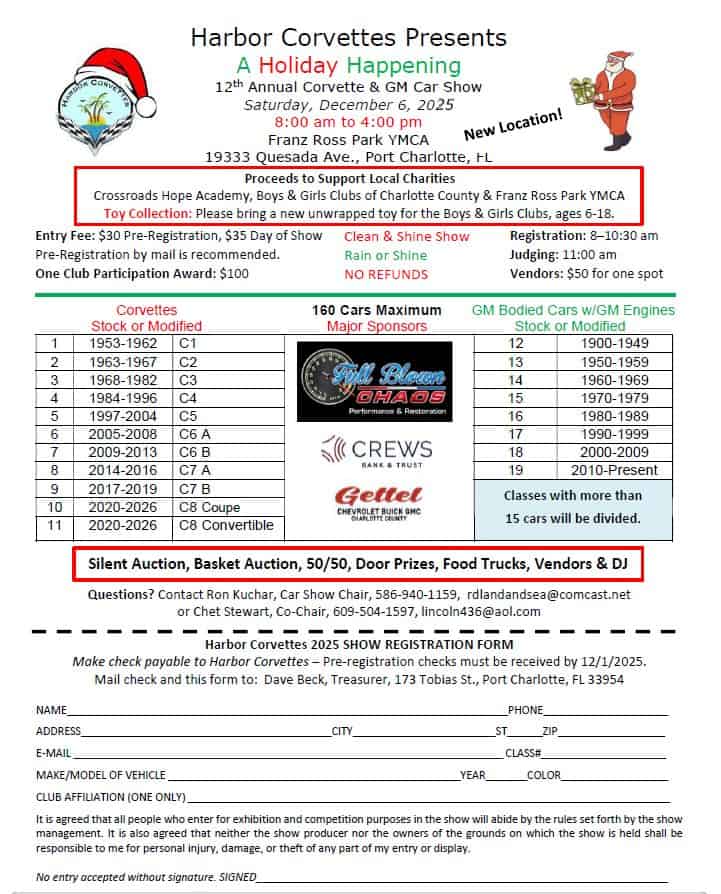 Harbor Corvettes A Holiday Happening Car Show event at 19333 Quesada Ave in Port Charlotte, FL on December 6, 2025