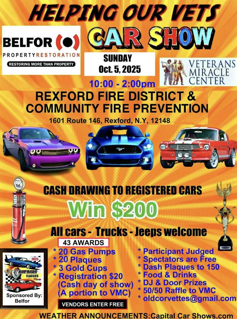 Helping Our Vets Belfor Car Show event at Rexford Fire District & Community Fire Prevention in Rexford, NY on October 5, 2025